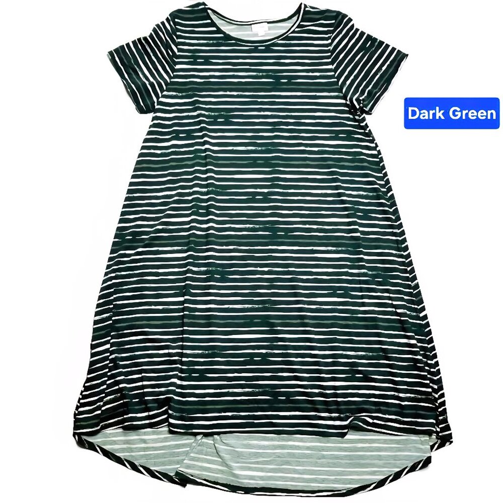NEW LuLaRoe Large Carly Dark Green White Striped Swing Dress High Low Flowy